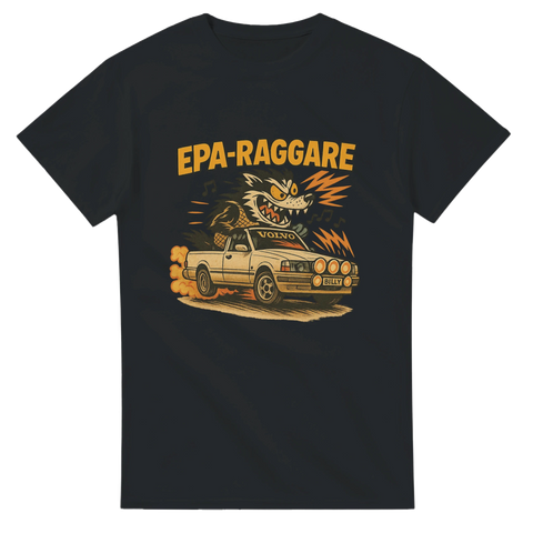 Svart t-shirt med Billy Badger i en Volvo, brinnande däck och texten "EPA-RAGGARE", perfekt för EPA-förare och raggare.