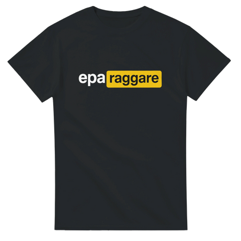 Svart t-shirt med vit och gul text "eparaggare", perfekt för raggare och epa-åkare som gillar bilkultur och humor