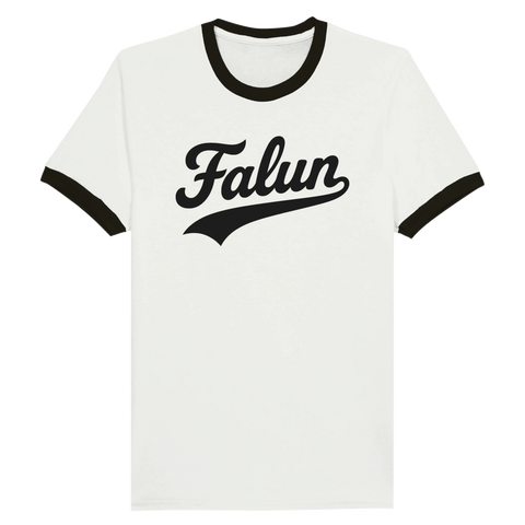 Ringer t-shirt med svart text "Falun" i retrostil på vit bakgrund