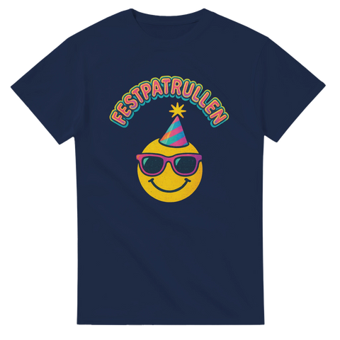 T-shirt med glad smiley i partyhatt och texten "Festpatrullen"
