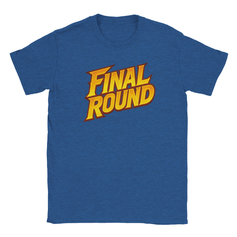 T-shirt med texten "Final Round" i retro arkadstil i gult och orange, inspirerat av fightingspel