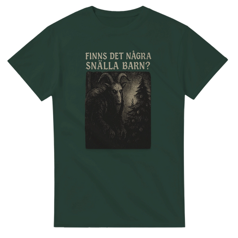 Grön t-shirt med julbocken och texten Finns det några snälla barn