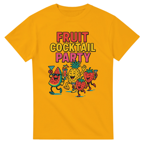 Färgglad t-shirt med texten "Fruit Cocktail Party" och tecknade frukter som festar