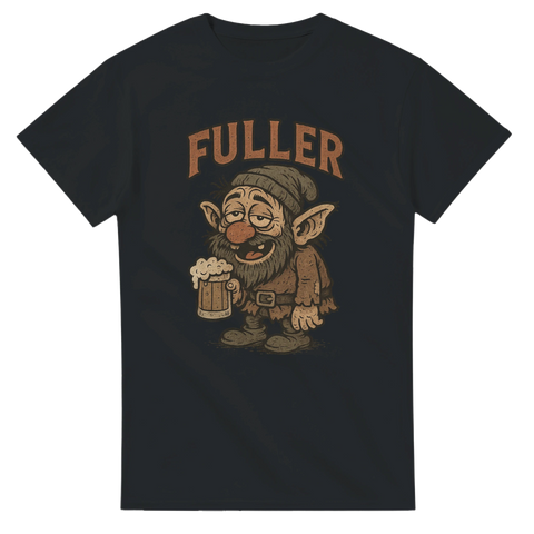 Svart t-shirt med tecknad illustration av en berusad tomteliknande dvärg med ölsejdel, som parodierar Snövits sju dvärgar med texten "Fuller".