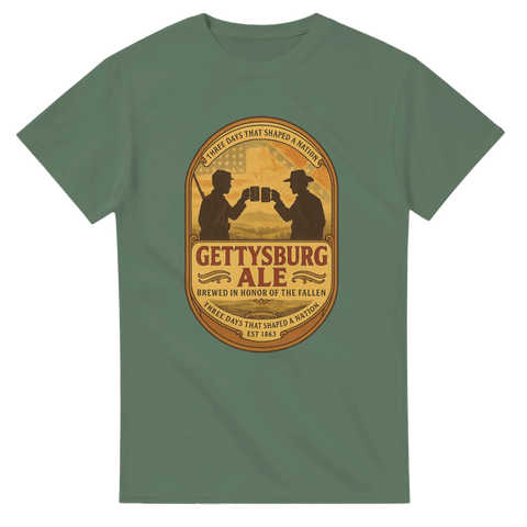 Grön t-shirt med vintageetikett i ölstil och texten ”Gettysburg Ale – Brewed in honor of the fallen”.