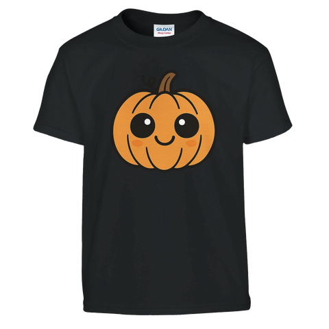 svart barn-t-shirt med gullig tecknad pumpa