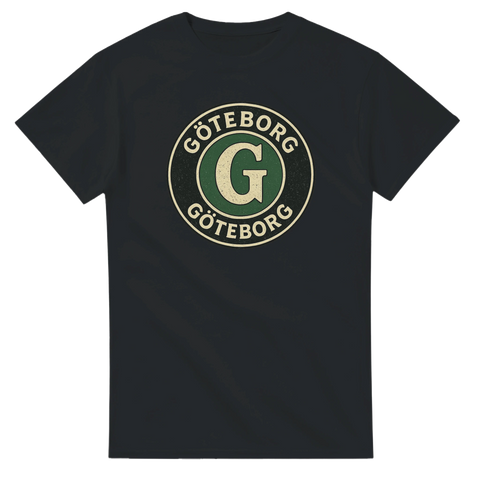 Svart t-shirt med runt emblem i beige och grönt, text "GÖTEBORG" och bokstaven G