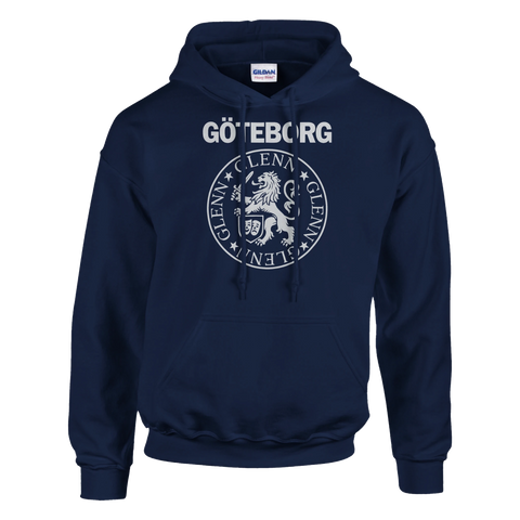Marinblå hoodie med texten “GÖTEBORG” och ett lejonemblem med namnet GLENN