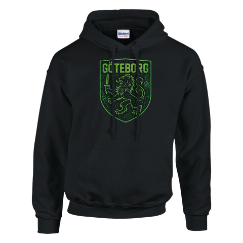 Svart hoodie med grönt Göteborgs-emblem och lejonmotiv
