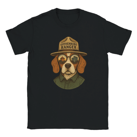 Beagle med ranger-hatt och solglasögon som speglar Skansen Kronan och Gothia Towers – t-shirtmotiv
