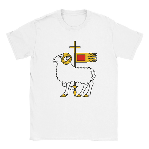 T-shirt med Gotlands landskapsvapen – vitt lamm med kors och röd fana
