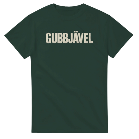 Mörkgrön t-shirt med vit text "Gubbjävel"
