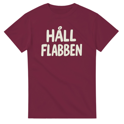 vinröd t-shirt med texten Håll Flabben i vit retrostil
