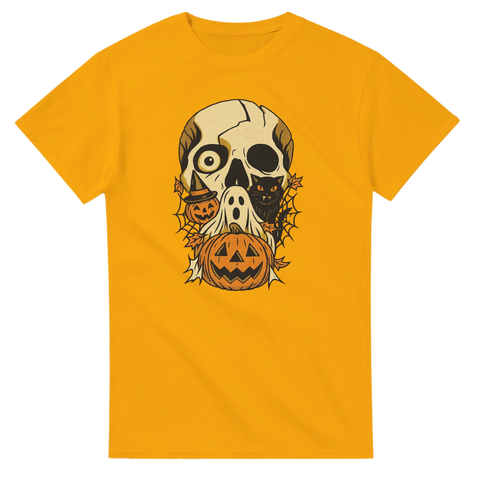 gul t-shirt med skräckinspirerad design av dödskalle och pumpor för halloween