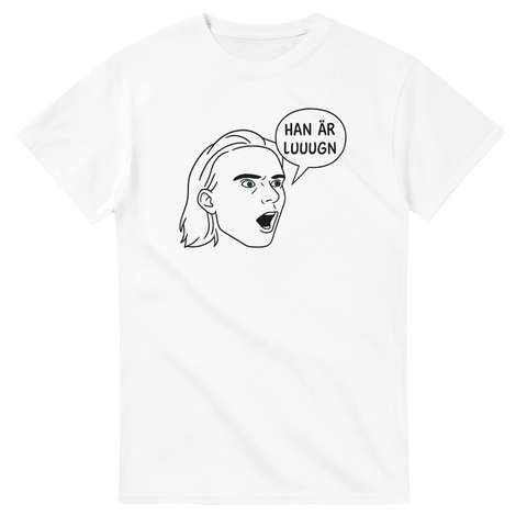Han är luuugn t-shirt med tecknat ansikte och pratbubbla – vit