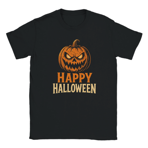 Svart t-shirt med läskig pumpa och texten "Happy Halloween"