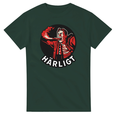 Mörkgrön t-shirt med motiv av Fidde Holmberg och texten Härligt