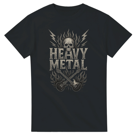 Svart t-shirt med vintage-inspirerat heavy metal-motiv, med dödskalle, elgitarrer och texten "Heavy Metal", perfekt för hårdrockare och metalfans