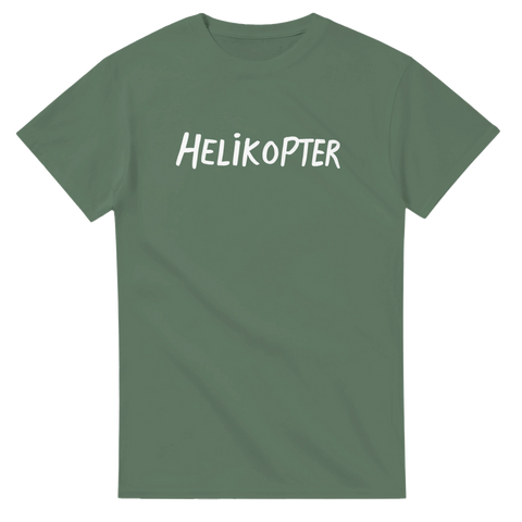 Helikopter t-shirt med vit text – militärgrön
