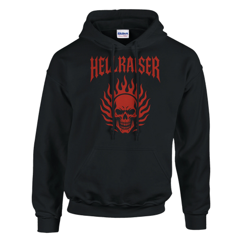 Cool hoodie med rött tryck och texten Hellraiser samt en brinnande dödskalle