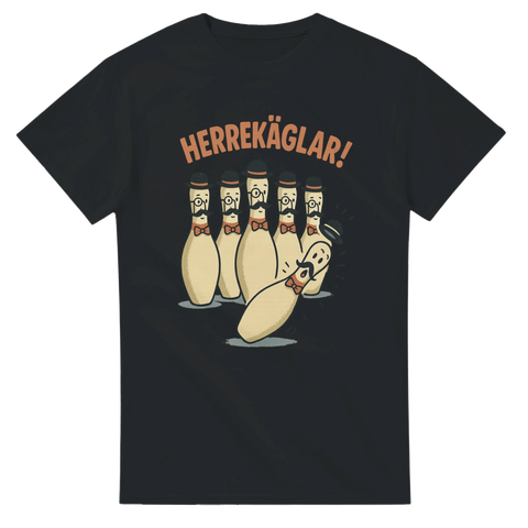 Svart t-shirt med ordvitsen Herrekäglar och en tecknad illustration av bowlingkäglor med mustascher – humor och retrostil