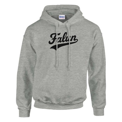 Grå hoodie med svart Falun-text i retrostil