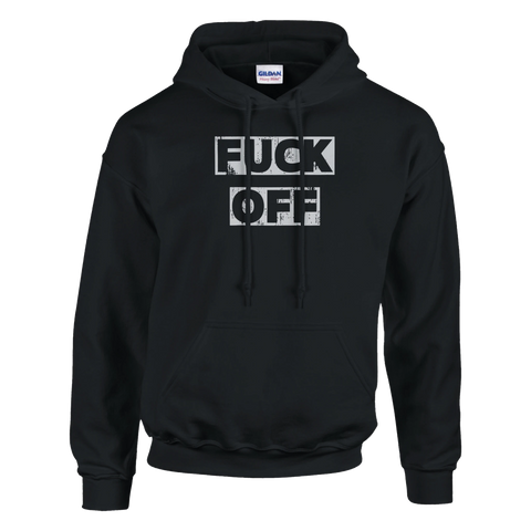 svart hoodie med vit text fuck off i blockstil