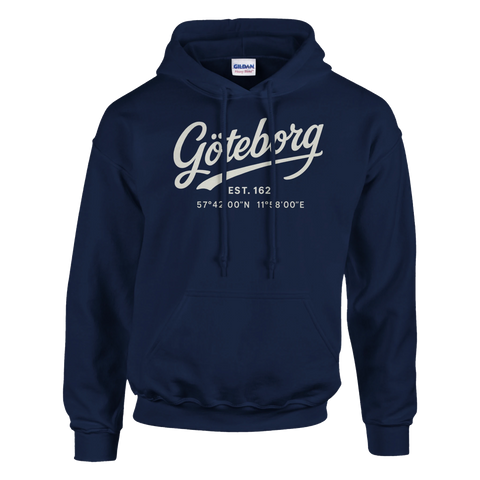 Hoodie navy med tryck Göteborg EST 1621 och koordinater 57°43'00"N 11°58'00"E