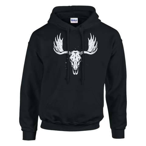 svart hoodie med vit älgskalle på bröstet
