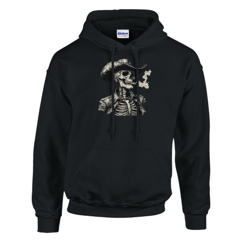 svart hoodie med tryck av skelettcowboy som röker cigarr
