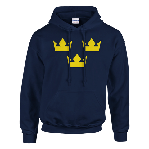 Marinblå hoodie med tre gula kronor i klassisk Tre Kronor-design