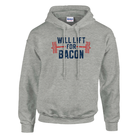 grå hoodie med texten will lift for bacon och hantelmotiv