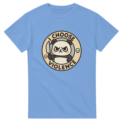 Ljusblå t-shirt med tecknad arg panda som håller i kniv och texten “I Choose Violence”