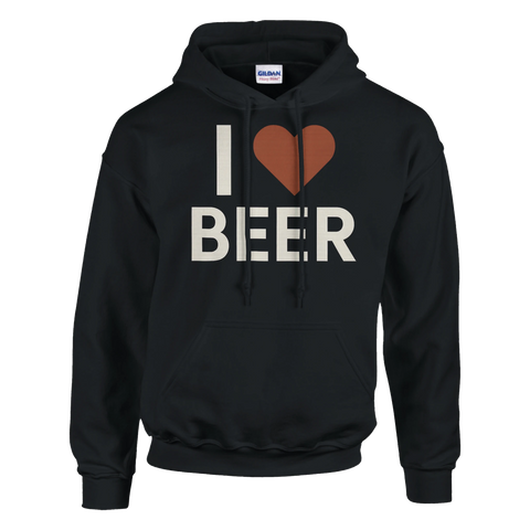 Svart hoodie med stor text "I ❤️ BEER" i vitt och rött