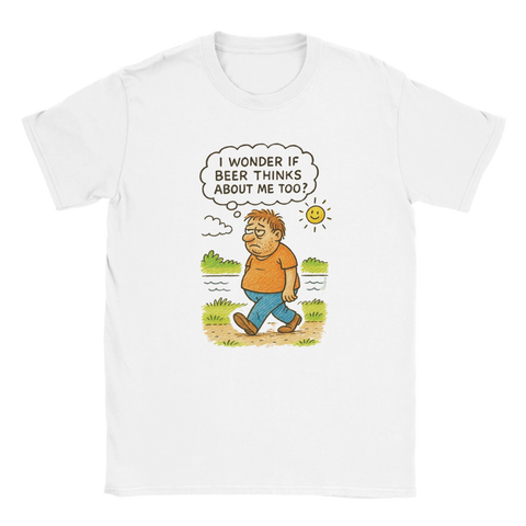 Rolig t-shirt med tecknad figur som tänker "I wonder if beer thinks about me too?"