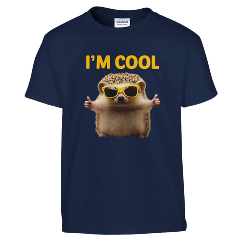 marinblå barn-t-shirt med igelkott i solglasögon och texten I’m Cool