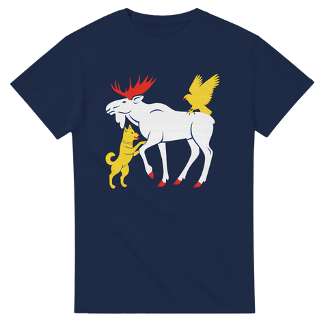 T-shirt med Jämtlands landskapsvapen – vit älg med gul hök och gul hund i strid