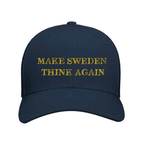 marinblå keps med guldtexten Make Sweden Think Again