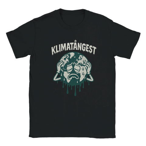 Svart t-shirt med texten "Klimatångest" och en tecknad jordglob som svettas