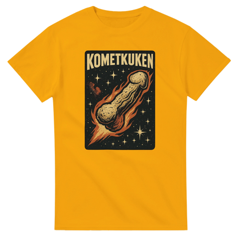 Gul t-shirt med rymdmotiv och texten Kometkuken