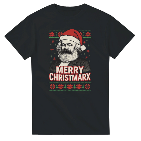 Svart t-shirt med motiv av Karl Marx i tomteluva och texten Merry Christmarx i jultröjestil.