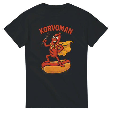 Svart t-shirt med tecknad korv-superhjälte med cape som står på ett korvbröd, texten "Korvoman"