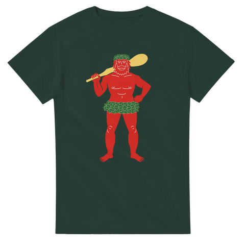 Grön t-shirt med illustration av Lapplands landskapsvapen – en röd vildman med klubb och lövkrona, perfekt för stolta lapplänningar