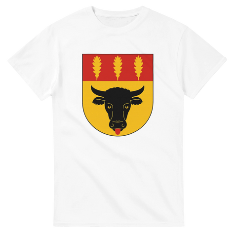 T-shirt med Lerums kommunvapen – svart oxe med tre ekblad på röd-gul sköld
