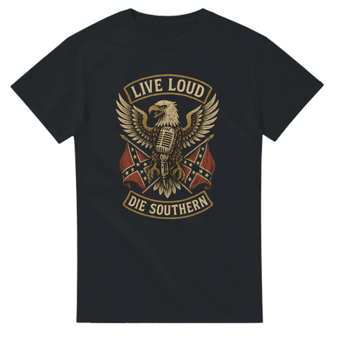 T-shirt med örn som håller en mikrofon och texten "Live Loud, Die Southern", perfekt för raggare och rockälskare