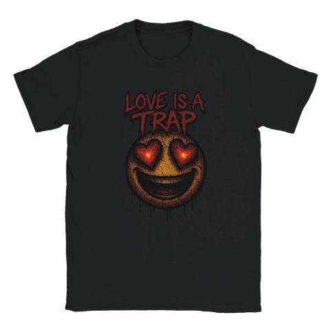 T-shirt med skräckinspirerad emoji med hjärtan och texten "Love Is a Trap"
