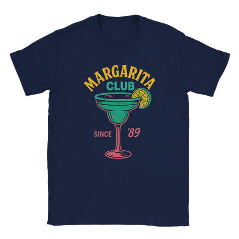 Marinblå t-shirt med neonmotiv av margaritaglas och texten Margarita Club Since ’89