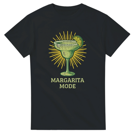 Svart t-shirt med margaritaglas som strålar och texten ”Margarita Mode”.