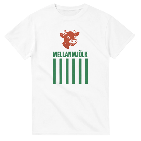 T-shirt med röd ko och gröna streck och texten Mellanmjölk