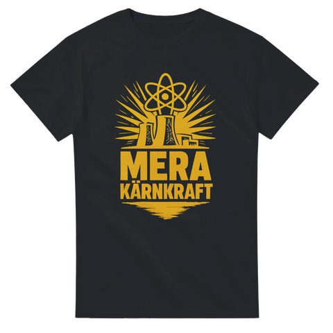 Svart t-shirt med gul atom-symbol och texten "Mera Kärnkraft"